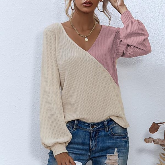 Cream Rust Waffle Knit Color Block Top Minimalist - Picture 3 of 6